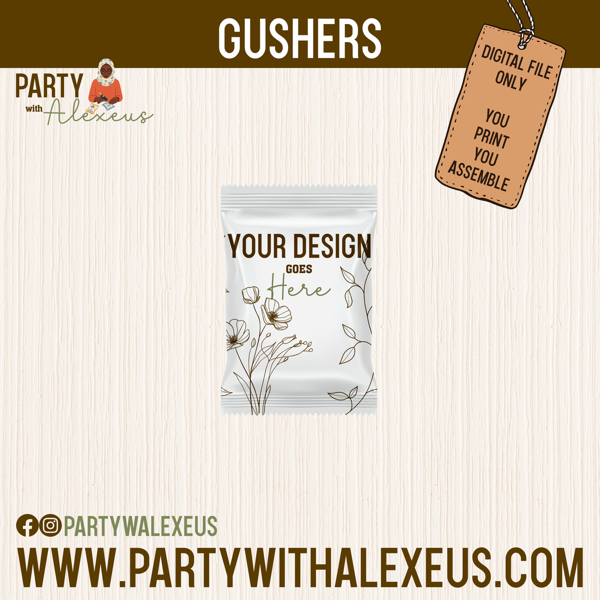 The image is a promotional graphic for Party with Alexeus, featuring a white packet with a floral design and text that reads "YOUR DESIGN HERE".