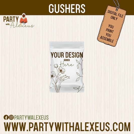 The image is a promotional graphic for Party with Alexeus, featuring a white packet with a floral design and text that reads "YOUR DESIGN HERE".