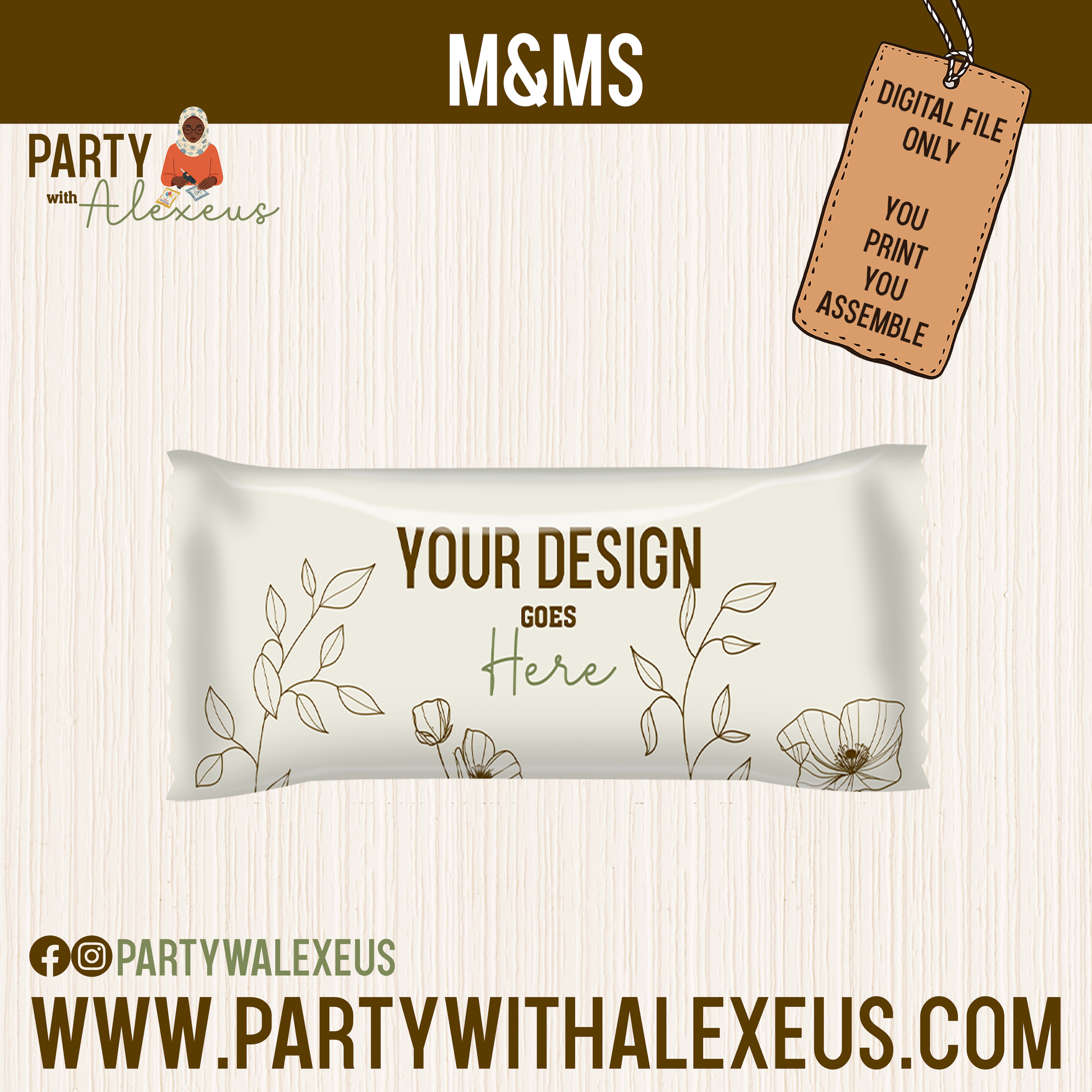 The image is a promotional graphic for Party with Alexeius, featuring a white background with a floral design and text.