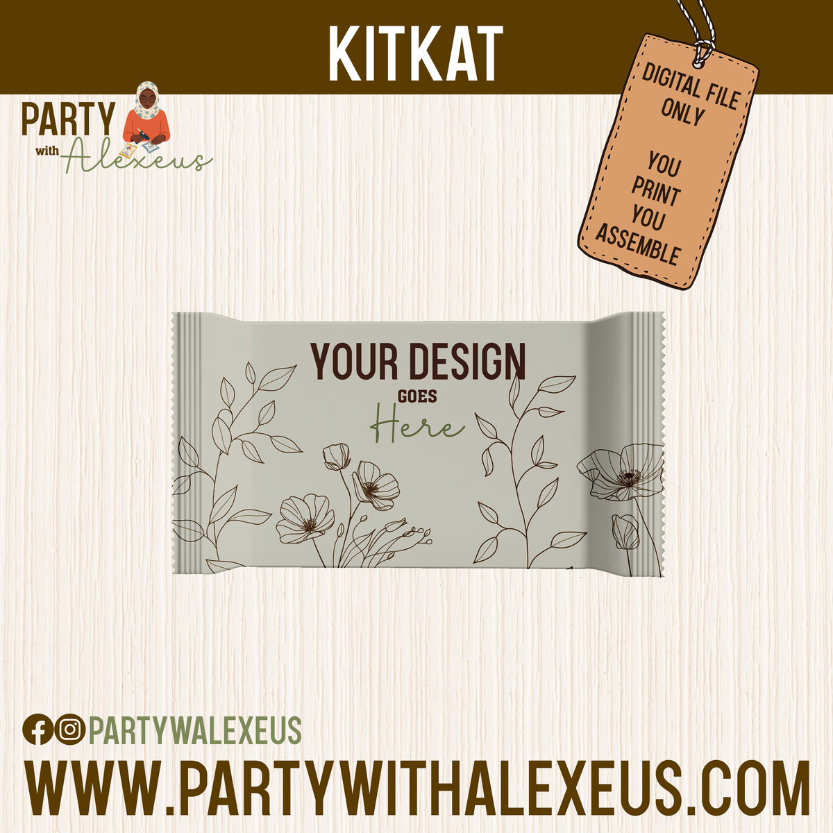 The image is a digital advertisement for KitKat, featuring a design for a KitKat wrapper with a floral pattern. The text includes the KitKat brand name, a tagline about the digital file, and a website address for the company.