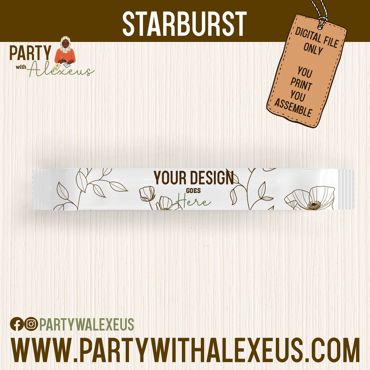 The image is a promotional poster for a party service called "Party with Alexeius". It features a white banner with a floral design and text, along with a digital file sticker indicating that the poster is a digital file only. The poster also includes a website address for the party service.