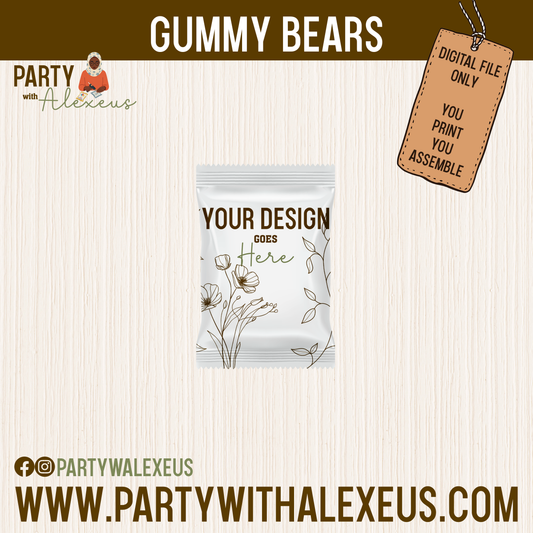 The image is a promotional graphic for a product called "Gummy Bears" from PartyWalexus. It features a white package with a floral design and text, along with a tag that says "Digital file only" and a tag that says "You print me assemble". The image also includes a social media handle, @ PartyWalexus, and a website address, www.partywithalexus.com.